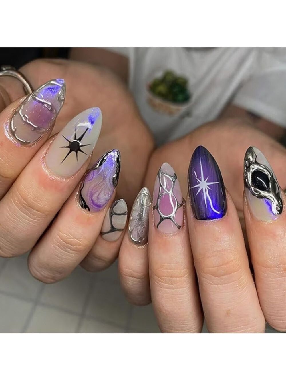 2/$10 Purple Starburst & Silver Abstract Acrylic False Nail Set
